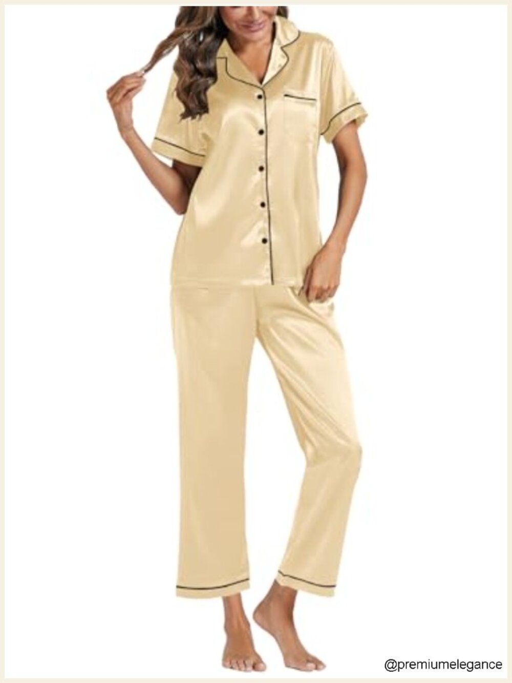 Women's Satin Pajama Set - Short Sleeve V-Neck Top & Long Pants, Button Down